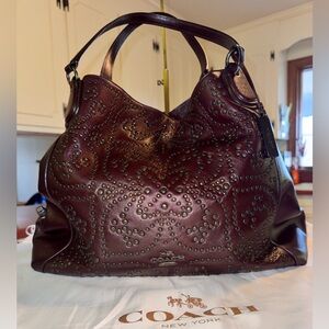 Coach Oxblood Studded Soft Leather 3 Compartment with turn lock zipper-Like NEW!